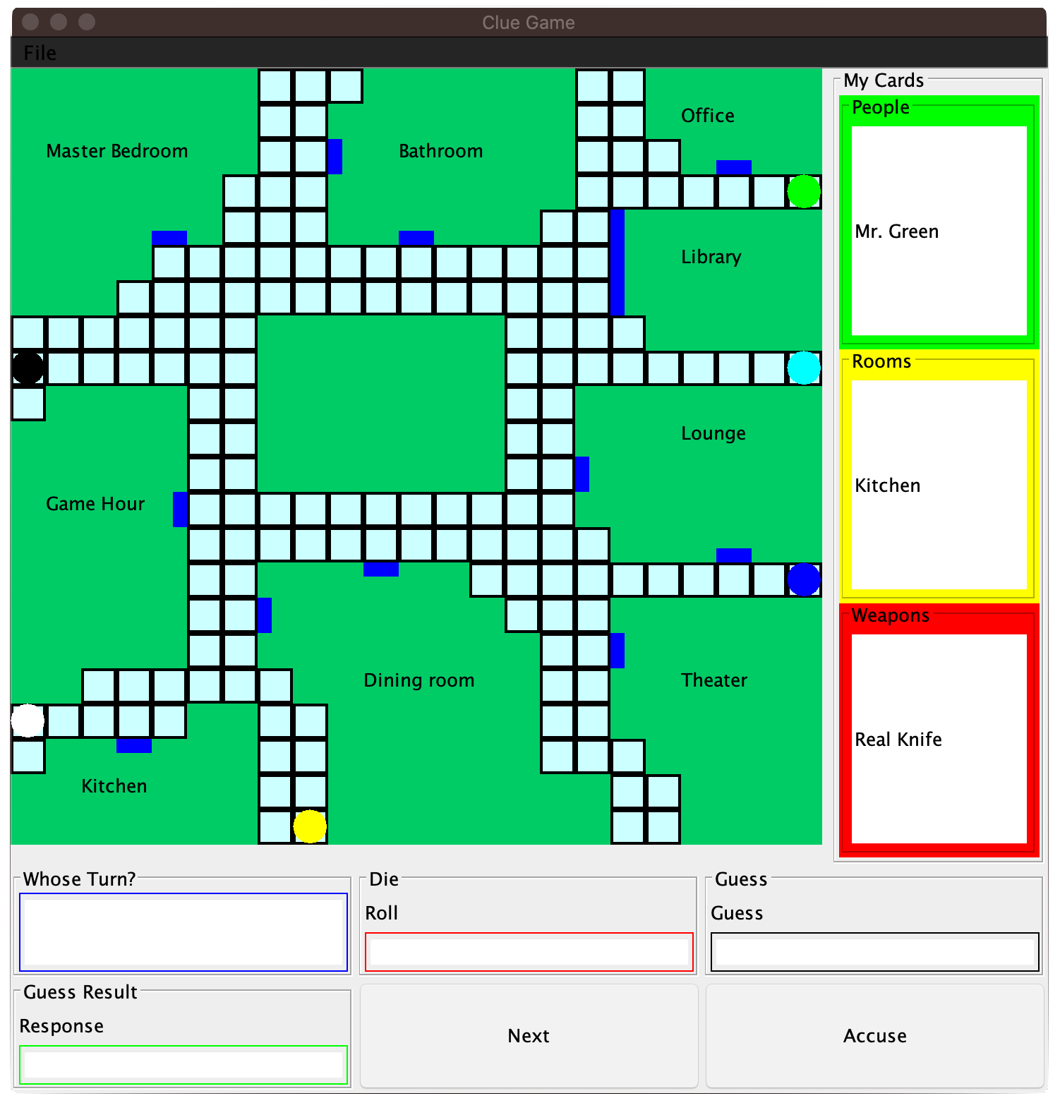 Clue 游戏 GUI 的截图，显示棋盘、玩家卡牌和游戏控制